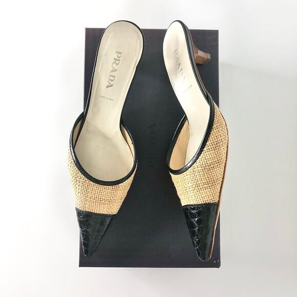 Prada Y2K Vintage Raffia Cap Toe Croc Emboss Kitten Heel Pointed Toe Mules 38.5 - Picture 1 of 13